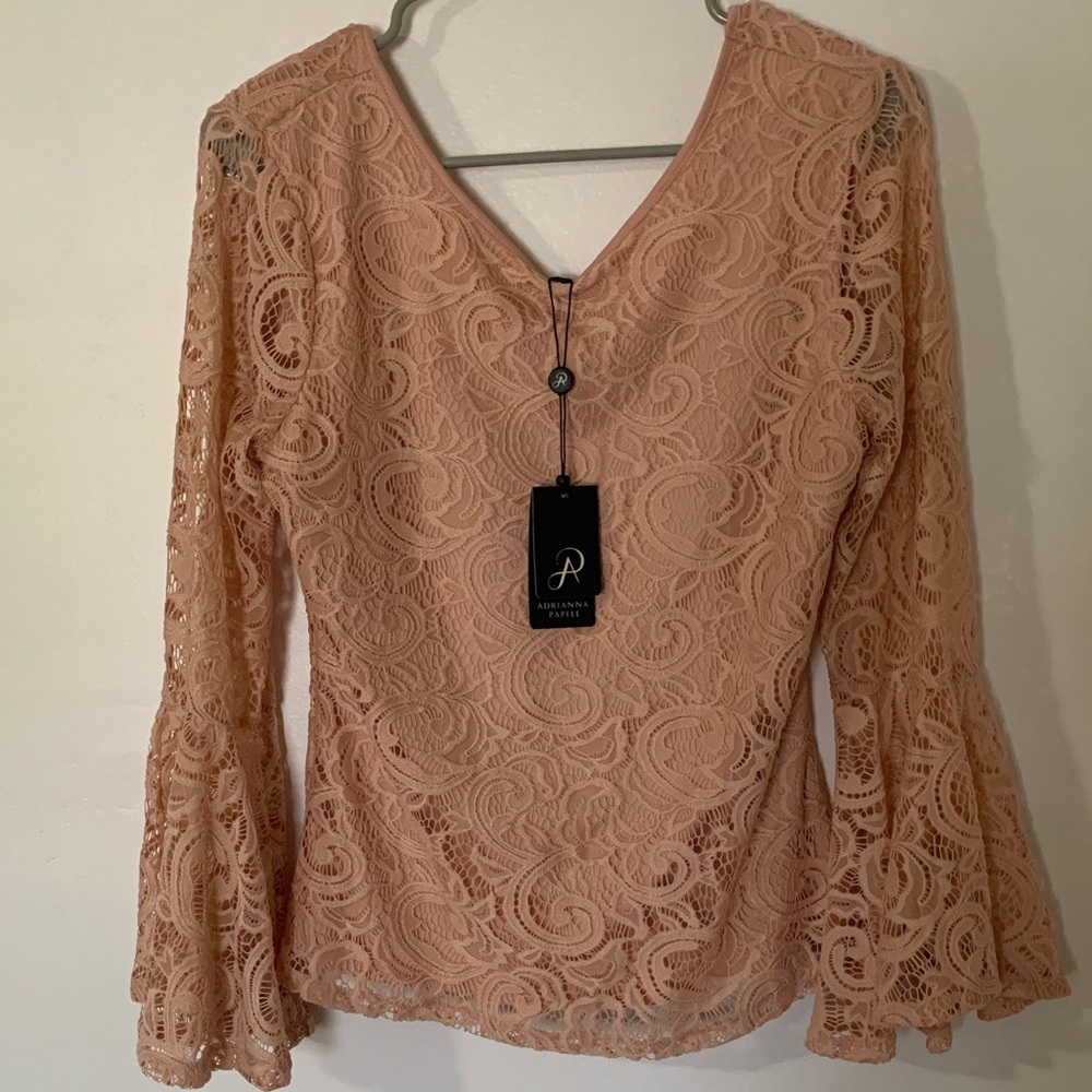 Adrianna Papell Nude Blush Floral Lace V-Neck Bell Sleeve Top